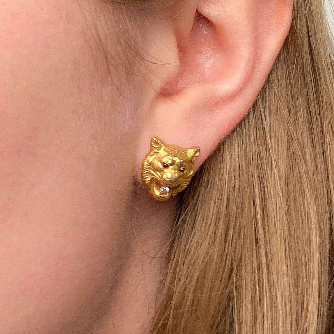 Antique Tiger Conversion Earrings of 14k Gold - Trademark Antiques