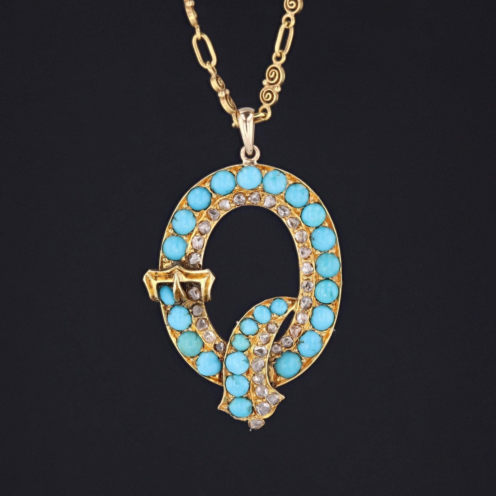 Antique Turquoise and Diamond Buckle Pendant | Antique 14k Gold Conversion Pendant - Trademark Antiques