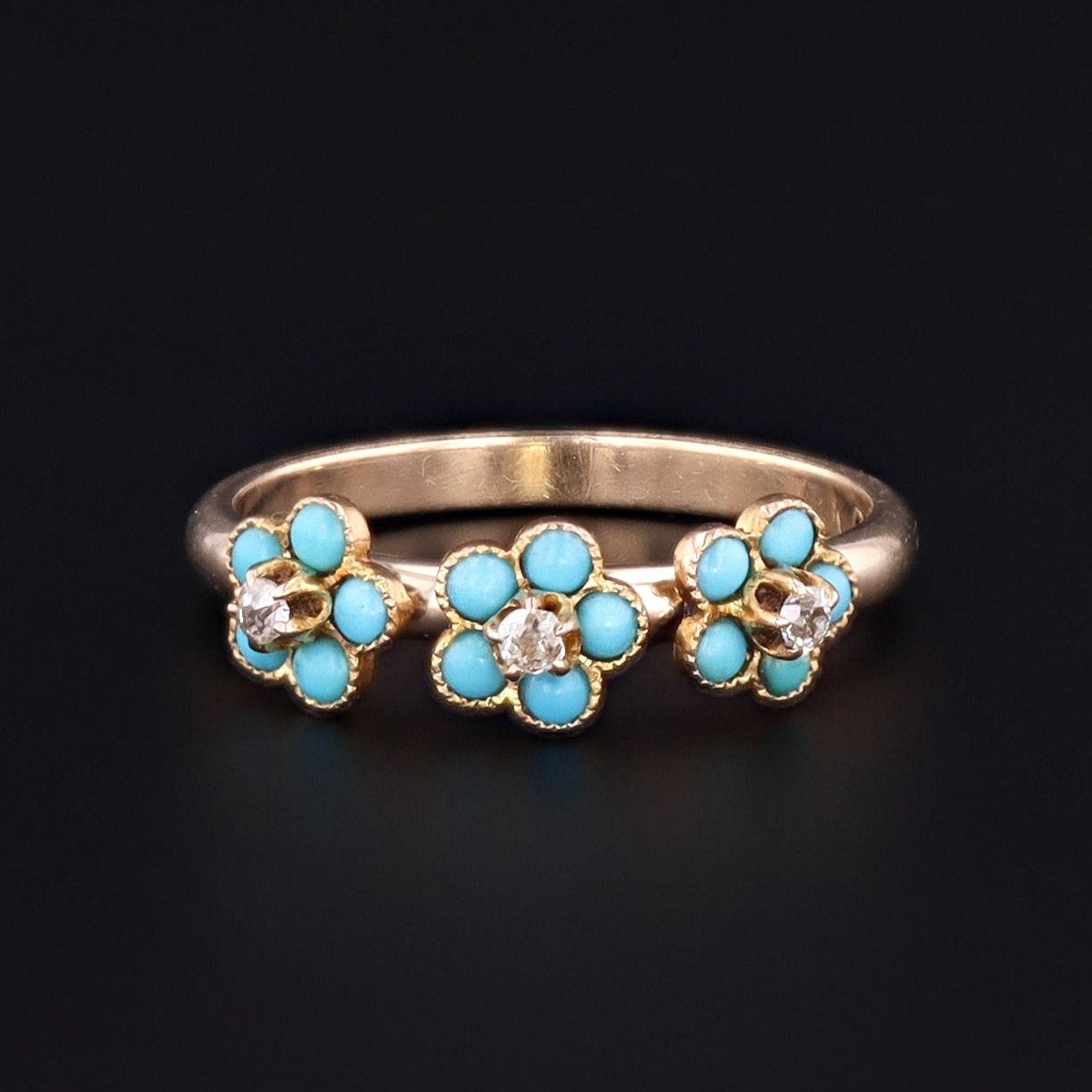 Antique Turquoise and Diamond Forget - me - Not Conversion Ring of 14k Gold - Trademark Antiques