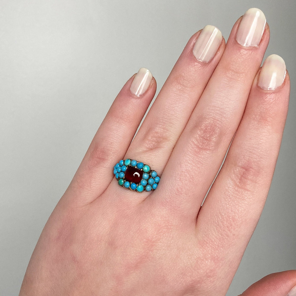 Antique Turquoise and Garnet Ring of 14k Gold - Trademark Antiques