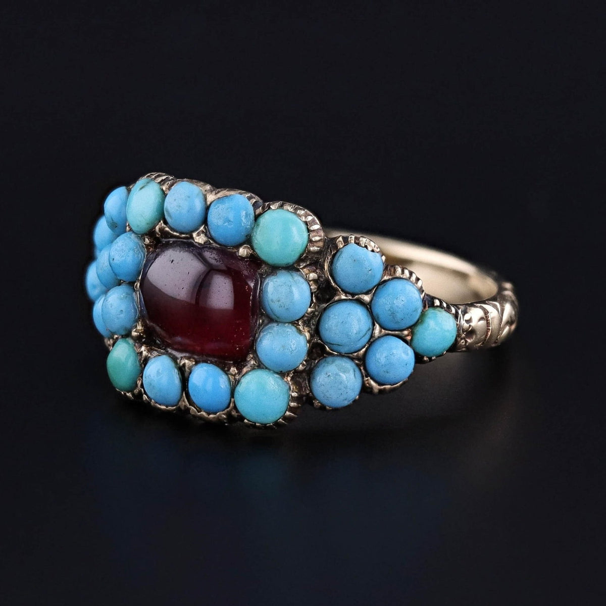 Antique Turquoise and Garnet Ring of 14k Gold - Trademark Antiques