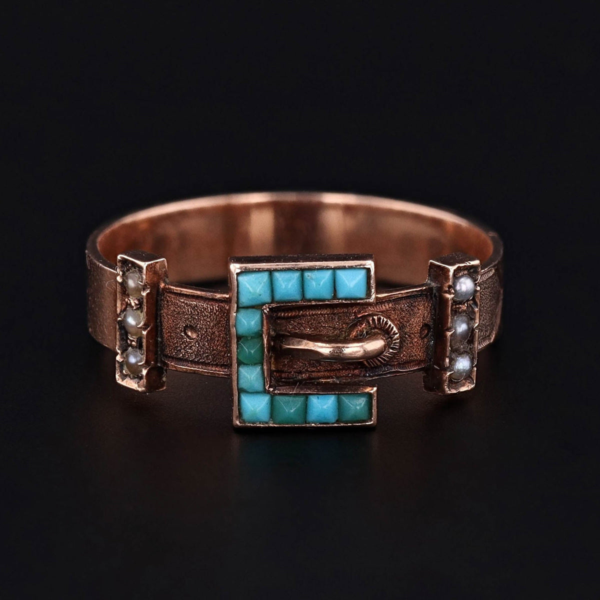 Antique Turquoise and Pearl Buckle Ring of 10k Gold - Trademark Antiques