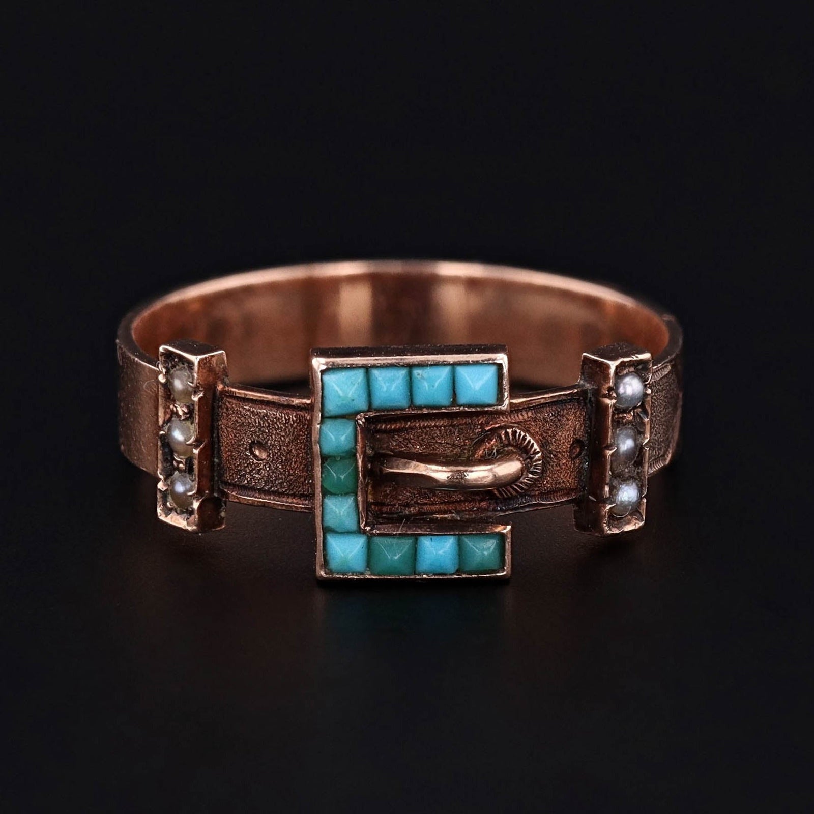 Antique Turquoise and Pearl Buckle Ring of 10k Gold - Trademark Antiques