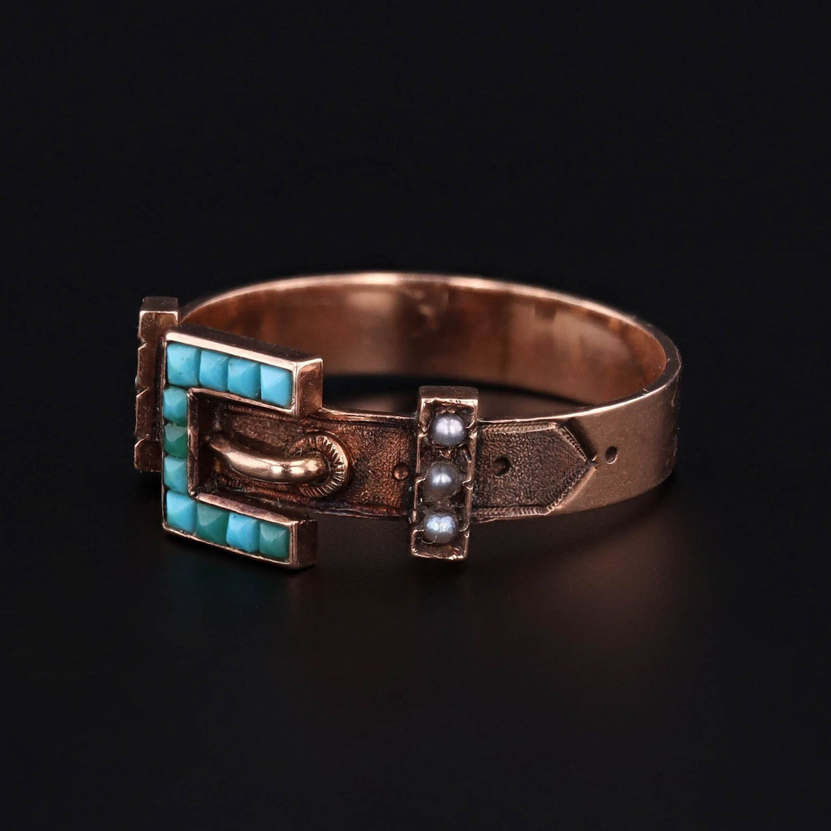 Antique Turquoise and Pearl Buckle Ring of 10k Gold - Trademark Antiques