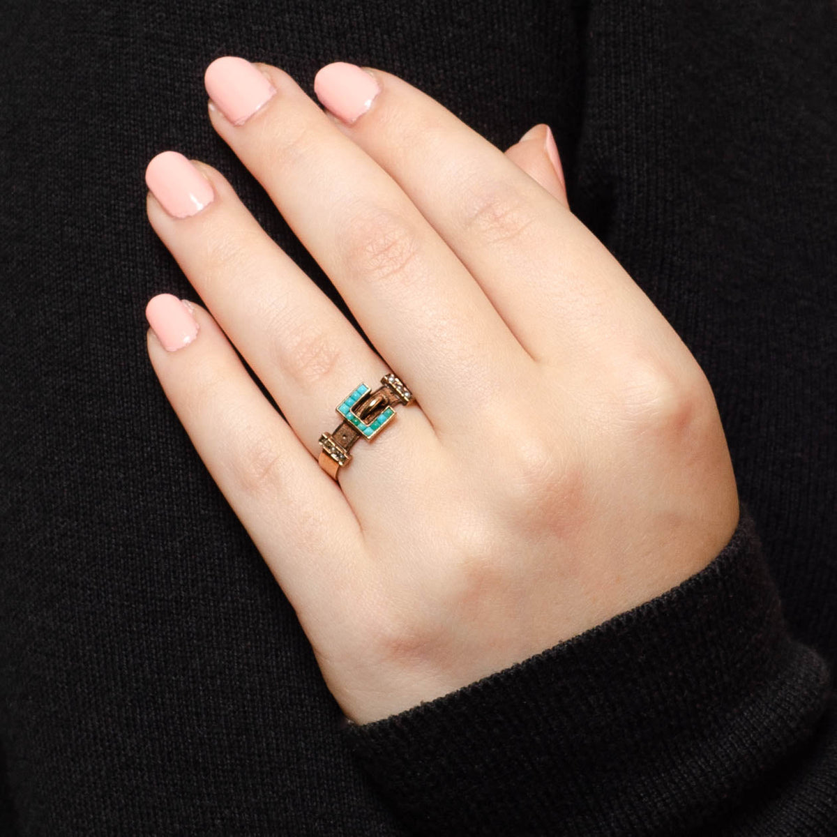 Antique Turquoise and Pearl Buckle Ring of 10k Gold - Trademark Antiques