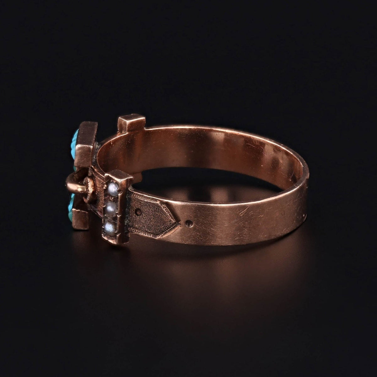 Antique Turquoise and Pearl Buckle Ring of 10k Gold - Trademark Antiques