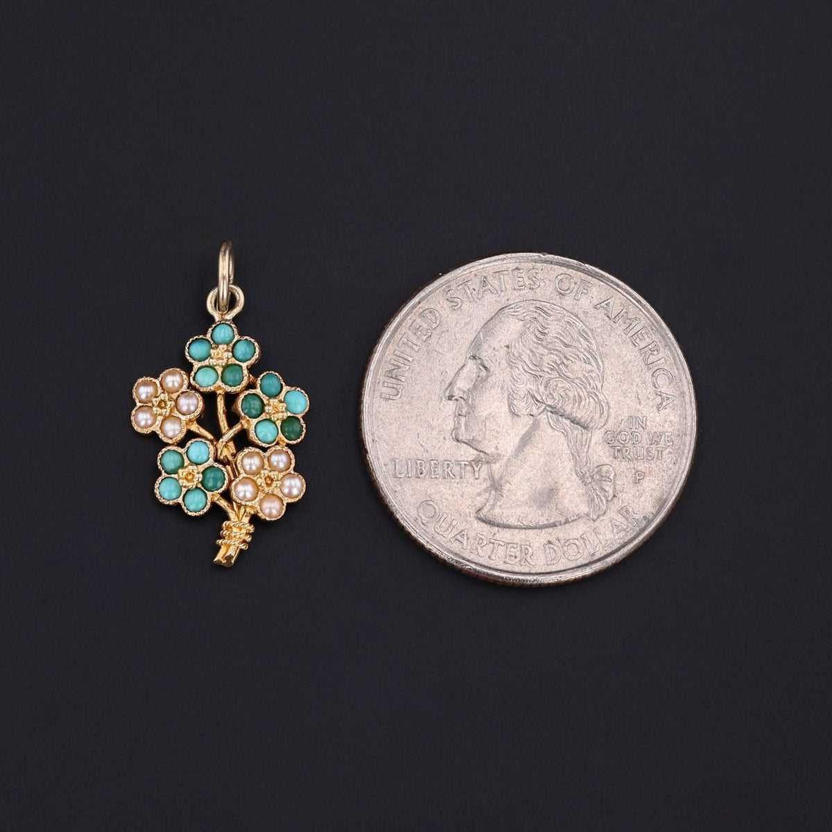 Antique Turquoise and Pearl Flower Conversion Charm of 14k Gold - Trademark Antiques
