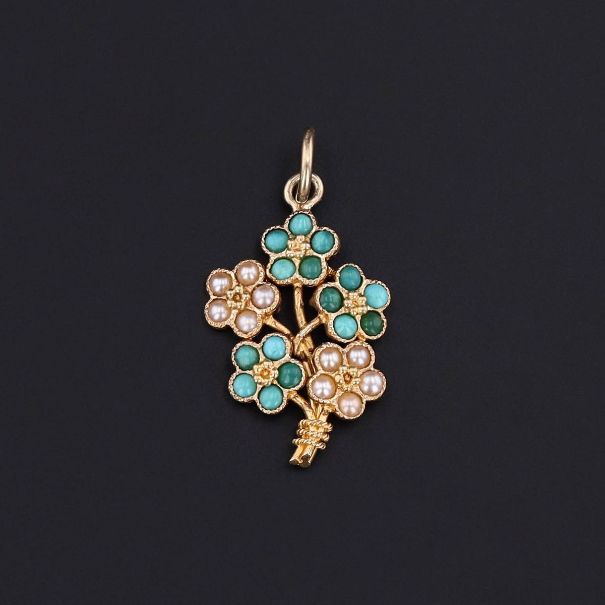 Antique Turquoise and Pearl Flower Conversion Charm of 14k Gold - Trademark Antiques