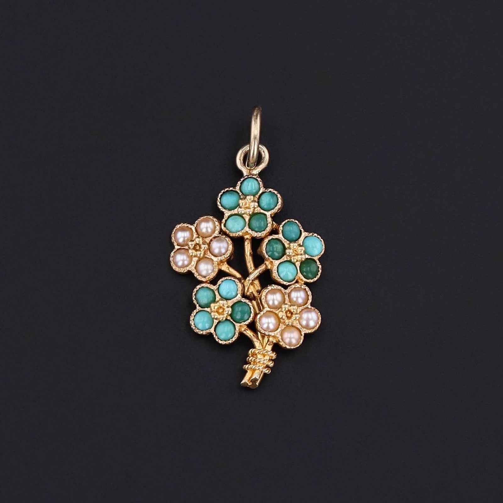 Antique Turquoise and Pearl Flower Conversion Charm of 14k Gold - Trademark Antiques
