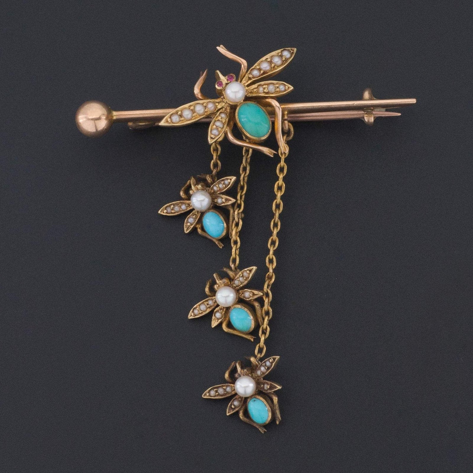 Antique Turquoise and Pearl Insect Pin | 14k Gold Insect Brooch - Trademark Antiques