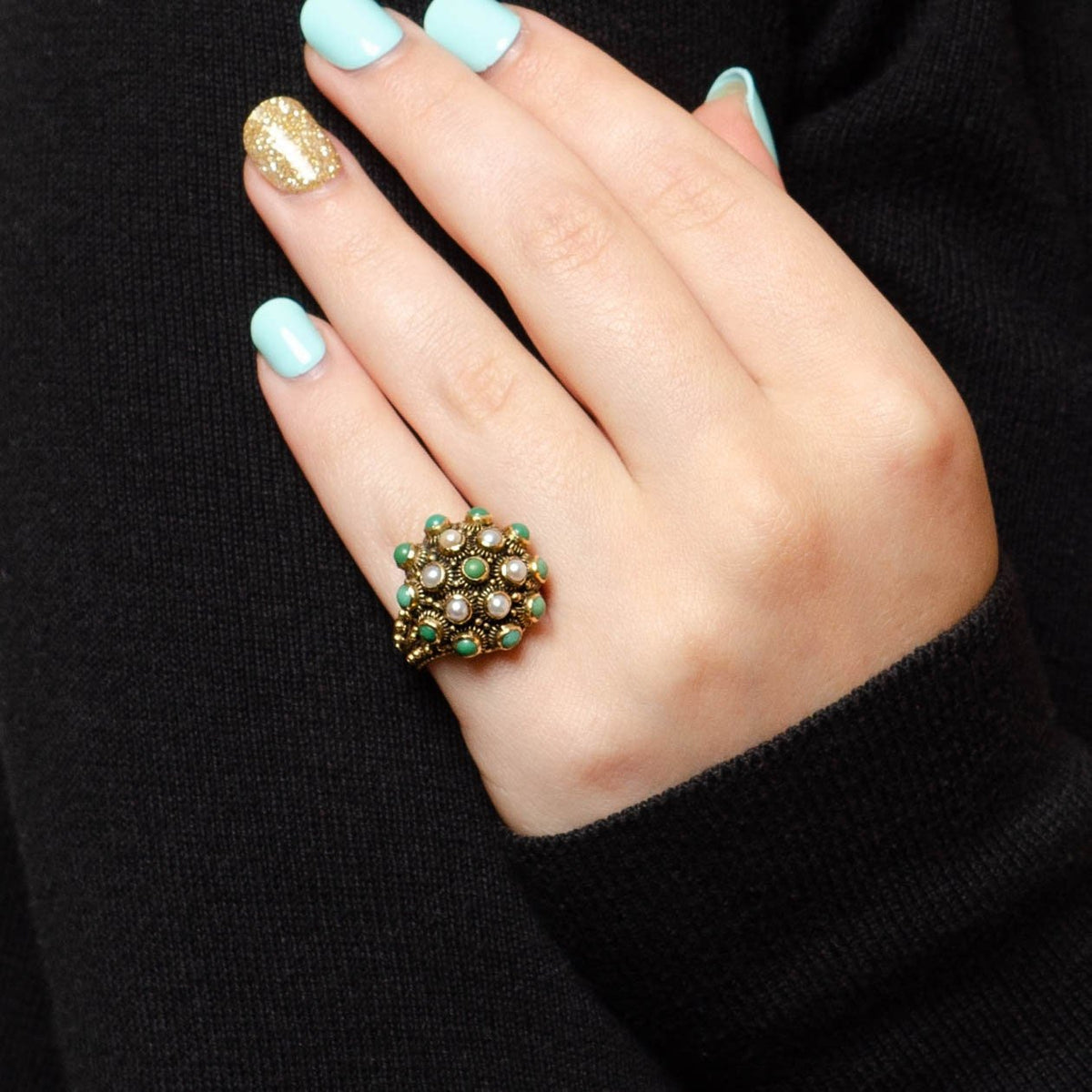 Antique Turquoise and Pearl Locket Ring of 18k Gold - Trademark Antiques