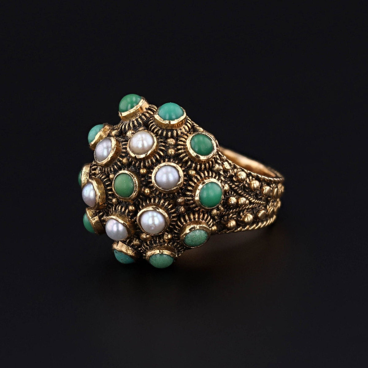 Antique Turquoise and Pearl Locket Ring of 18k Gold - Trademark Antiques