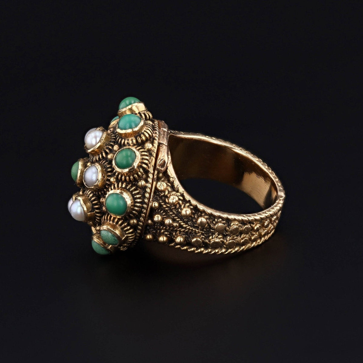 Antique Turquoise and Pearl Locket Ring of 18k Gold - Trademark Antiques