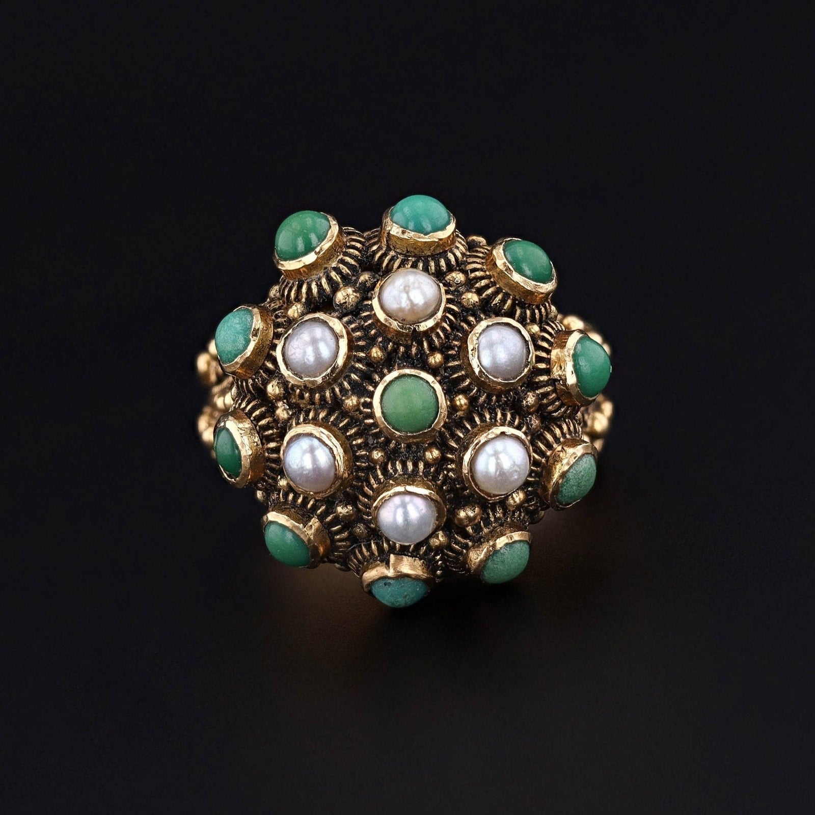 Antique Turquoise and Pearl Locket Ring of 18k Gold - Trademark Antiques