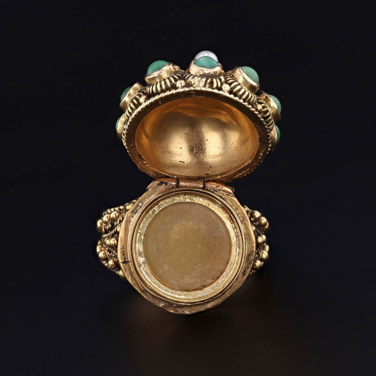 Antique Turquoise and Pearl Locket Ring of 18k Gold - Trademark Antiques