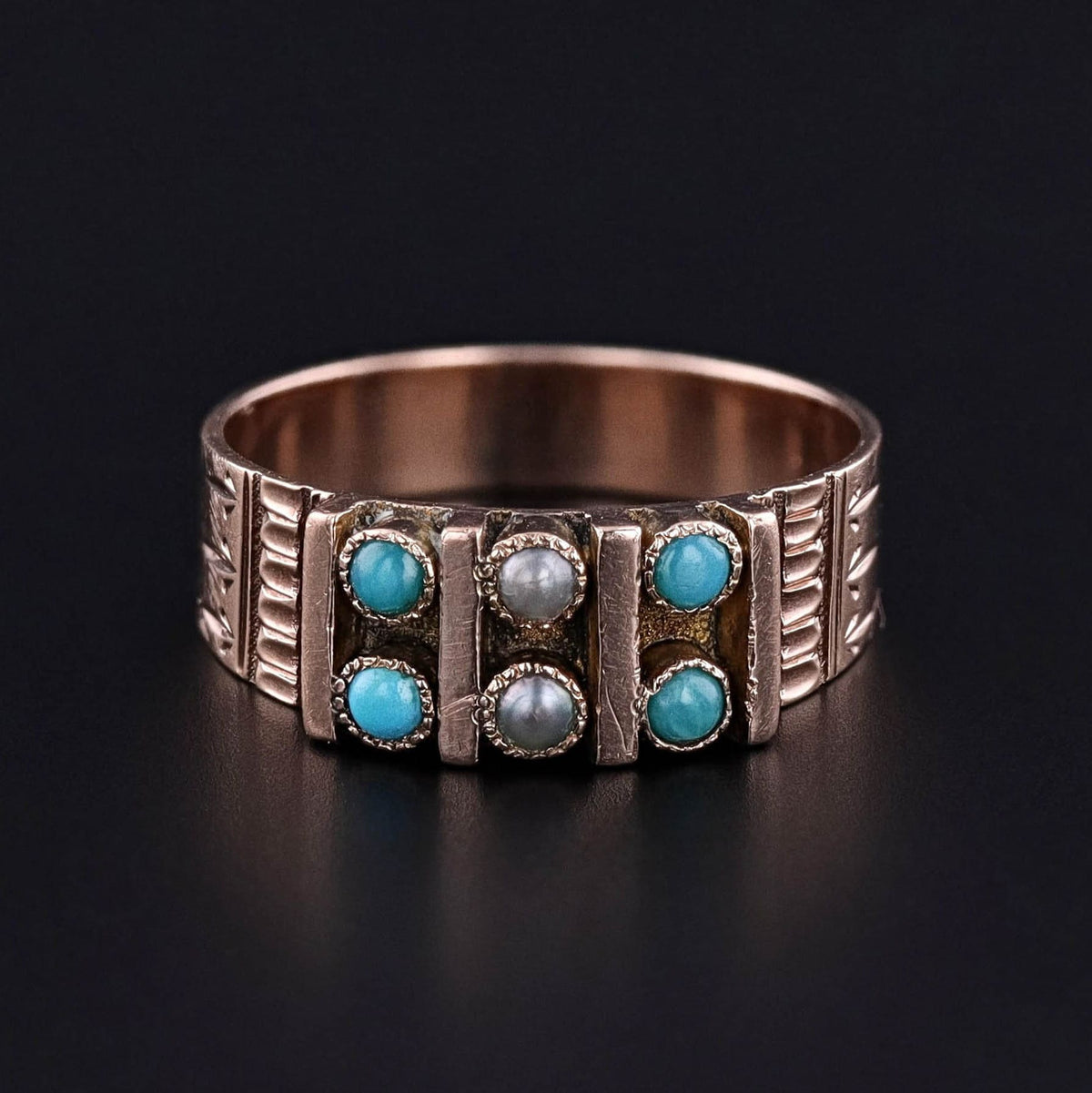 Antique Turquoise and Pearl Ring of 10k Gold - Trademark Antiques