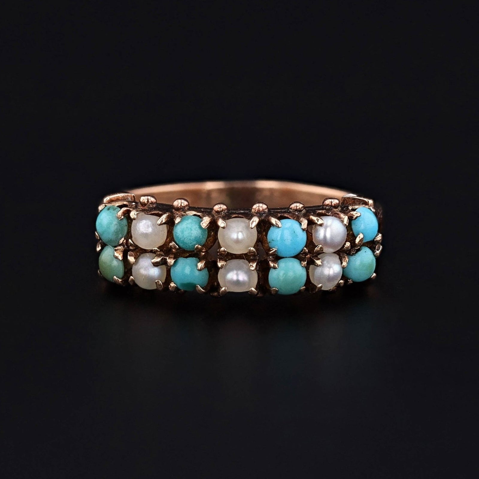 Antique Turquoise and Pearl Ring of 14k Gold - Trademark Antiques