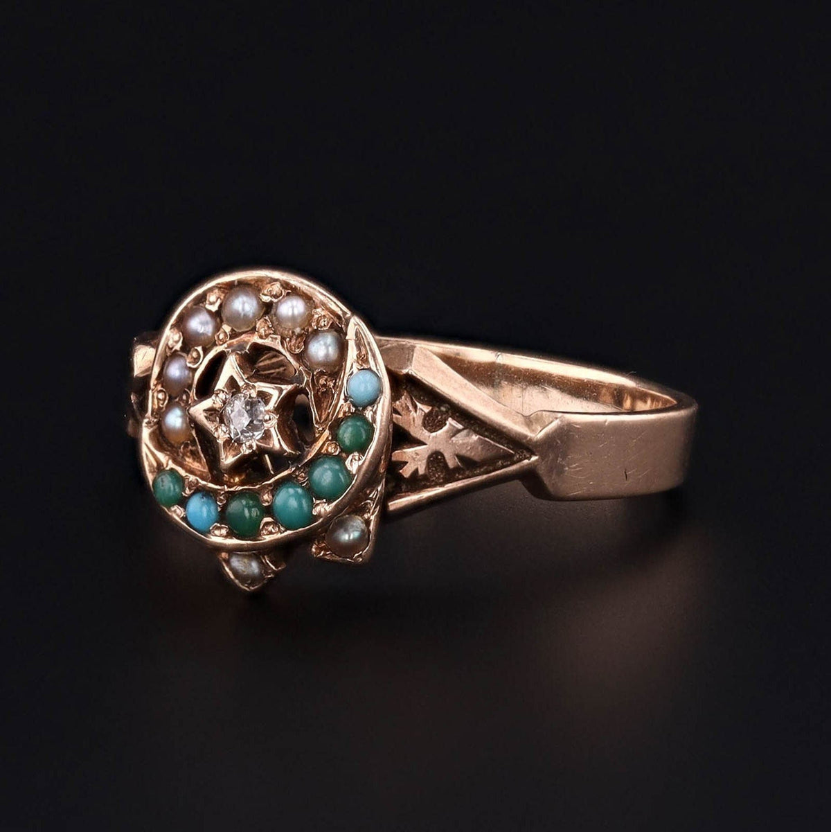 Antique Turquoise and Pearl Ring of 9ct Gold - Trademark Antiques