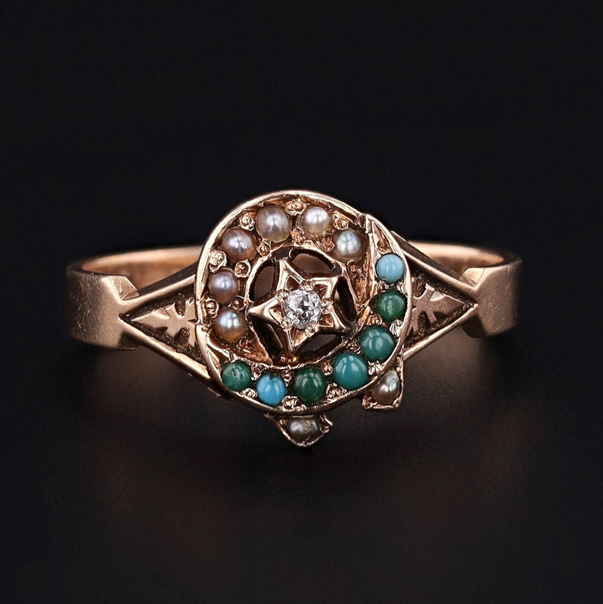 Antique Turquoise and Pearl Ring of 9ct Gold - Trademark Antiques