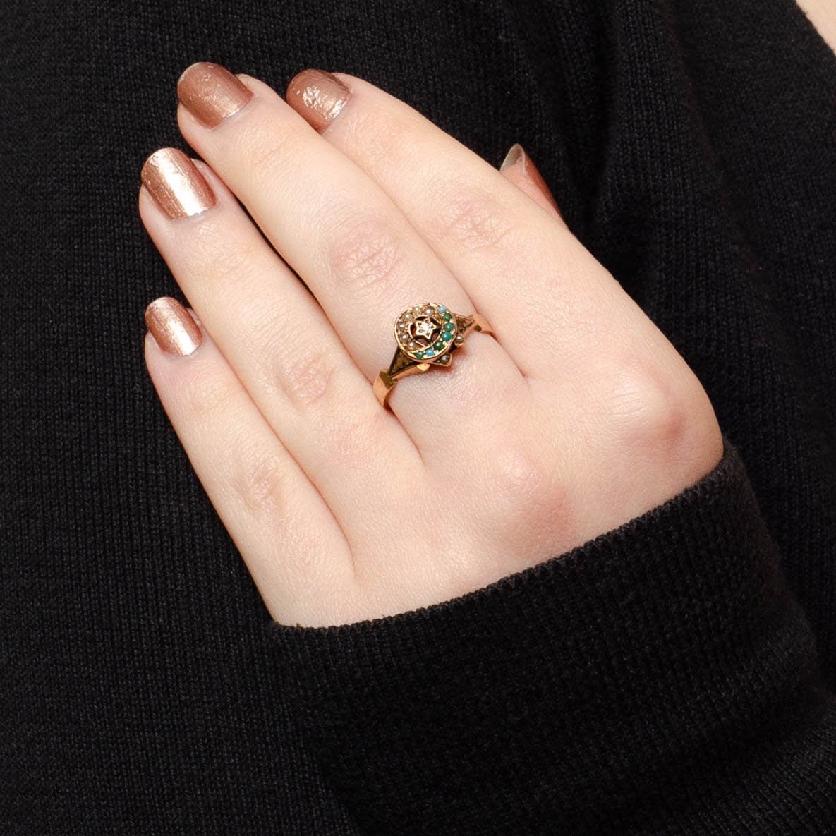 Antique Turquoise and Pearl Ring of 9ct Gold - Trademark Antiques