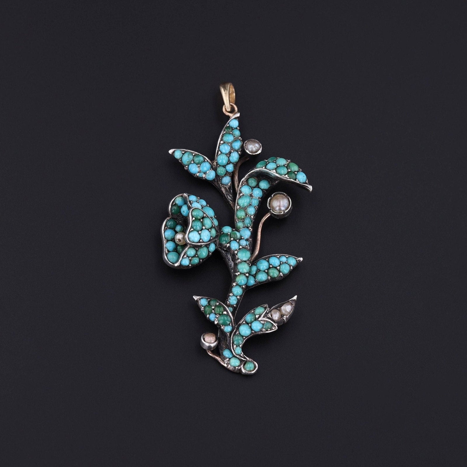 Antique Turquoise and Silver Flower Conversion Pendant - Trademark Antiques