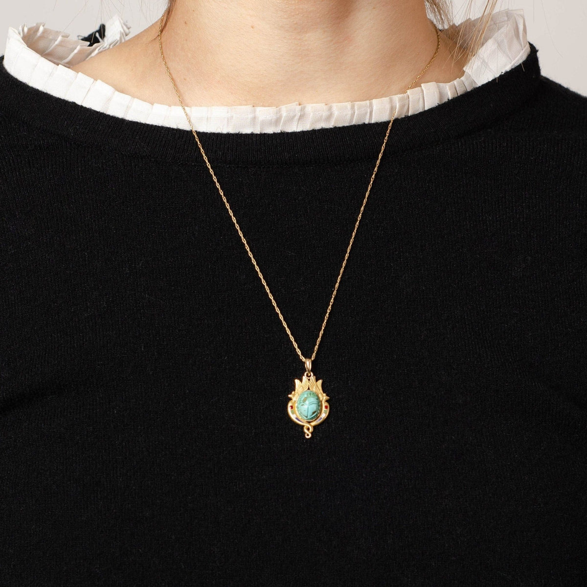 Antique Turquoise Egyptian Revival Scarab Pendant of 14k Gold - Trademark Antiques