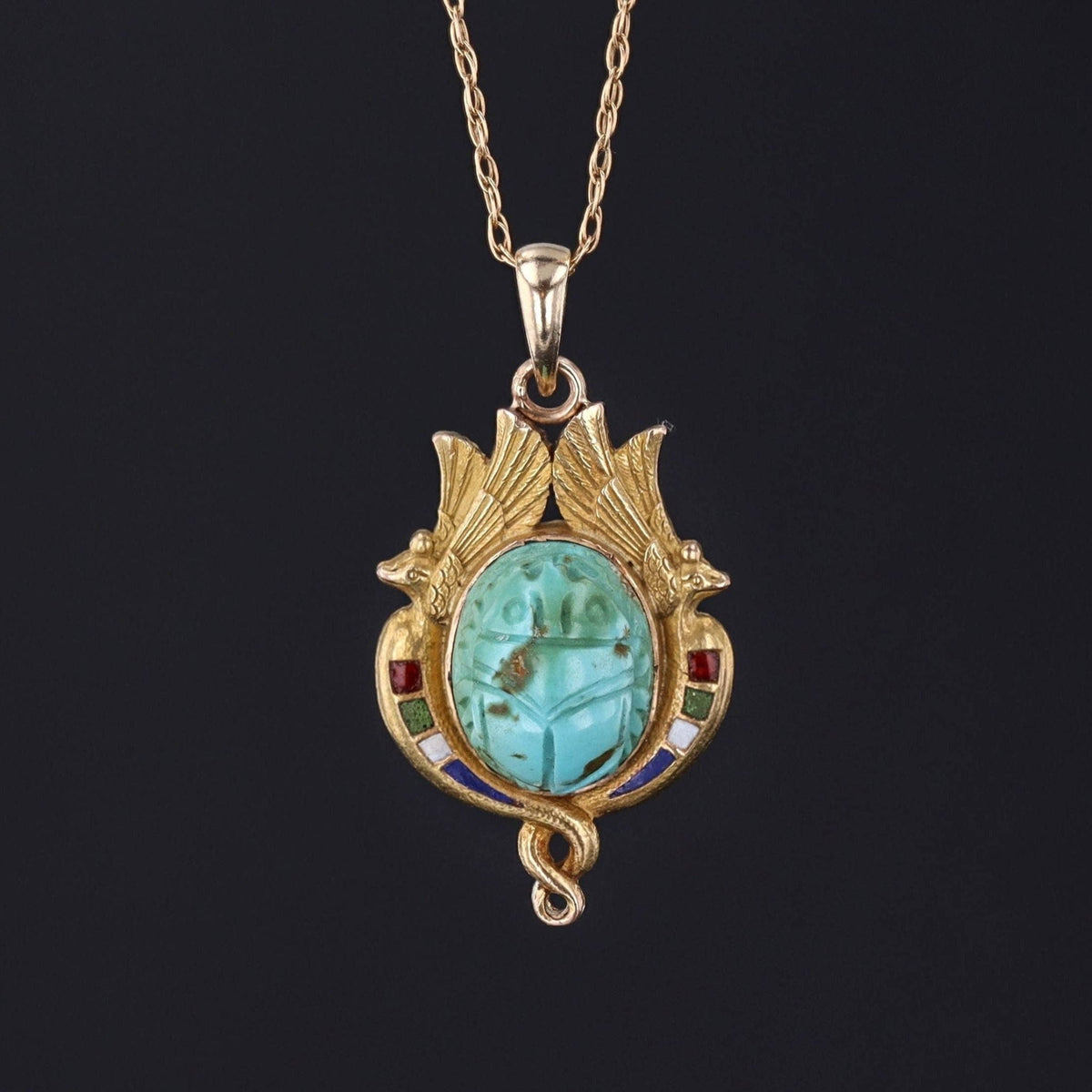 Antique Turquoise Egyptian Revival Scarab Pendant of 14k Gold - Trademark Antiques