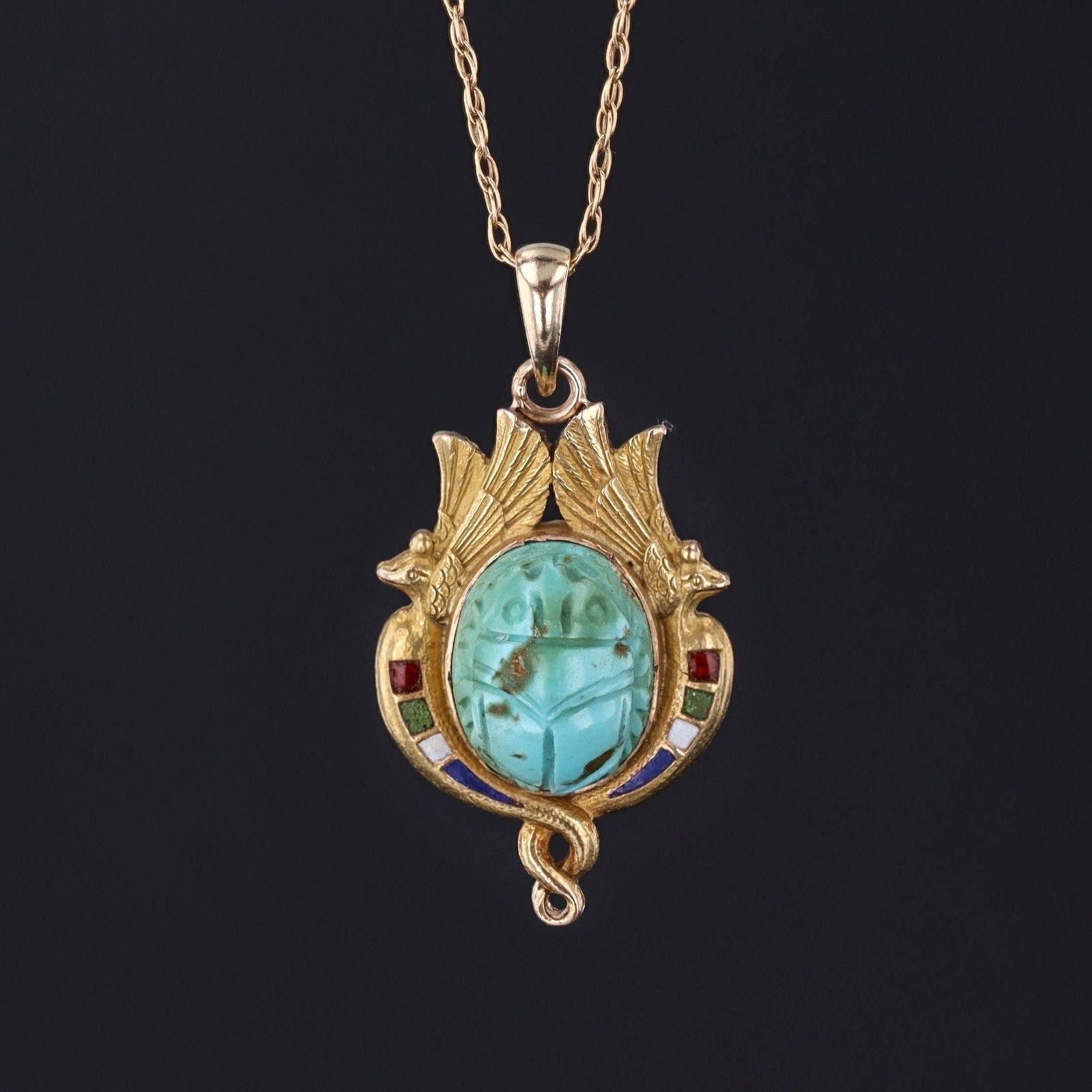 Antique Turquoise Egyptian Revival Scarab Pendant of 14k Gold - Trademark Antiques