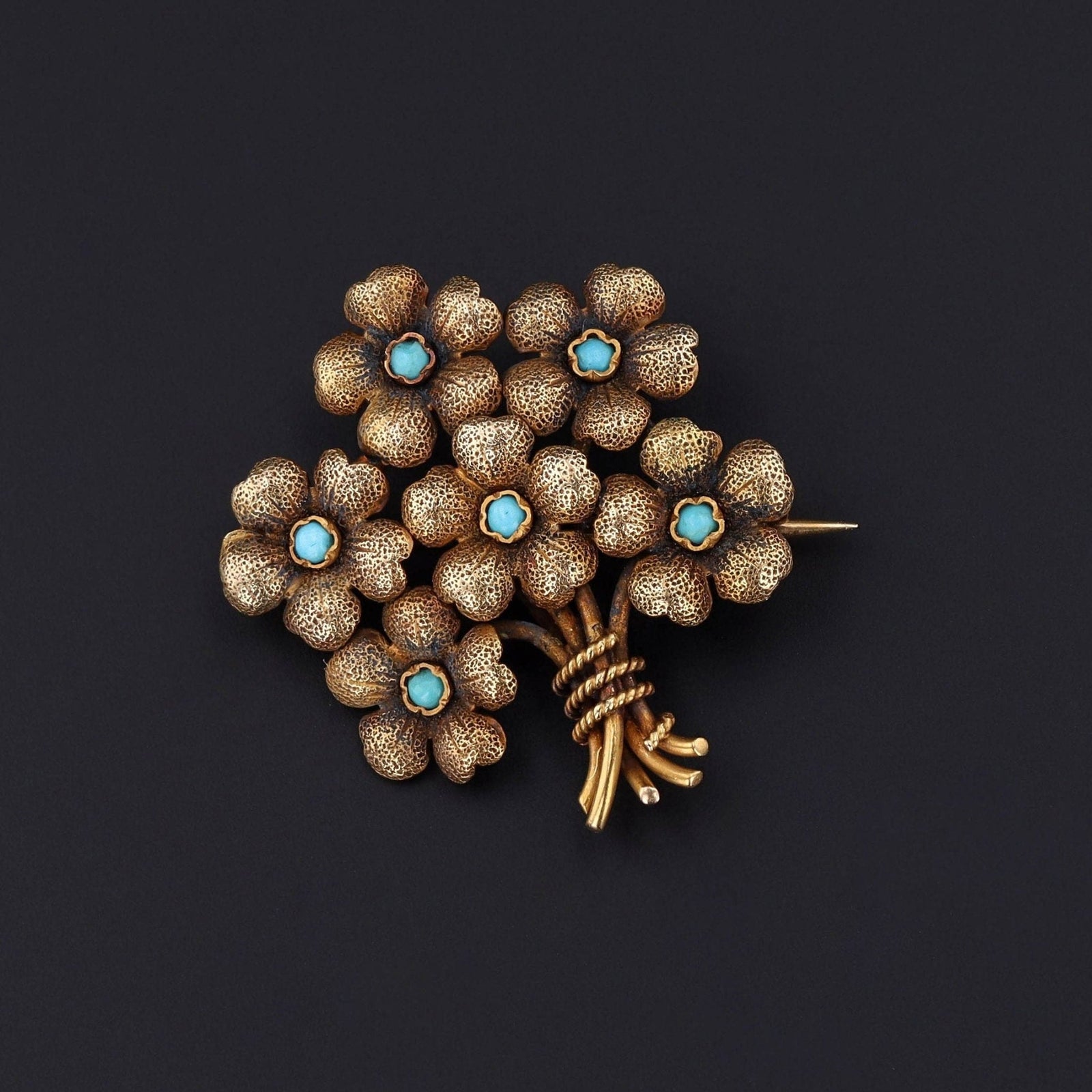 Antique Turquoise Flower Brooch of 18k Gold - Trademark Antiques