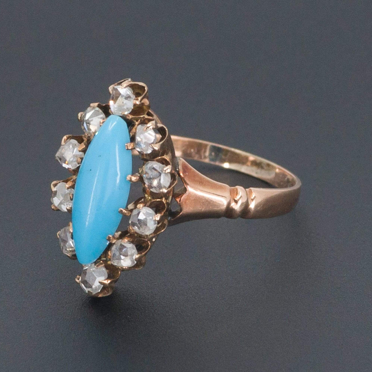 Antique Turquoise Glass &amp; Diamond Ring | Antique 14k Gold Navette Ring - Trademark Antiques
