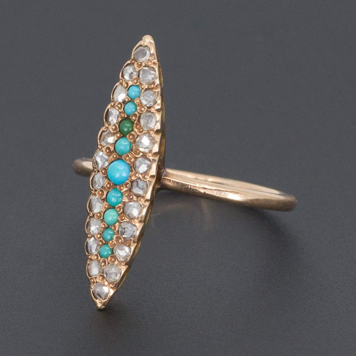 Antique Turquoise Glass &amp; Diamond Ring | Antique 14k Gold Navette Ring - Trademark Antiques