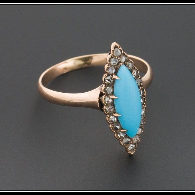 Antique Turquoise Glass &amp; Diamond Ring | Antique 14k Gold Navette Ring - Trademark Antiques