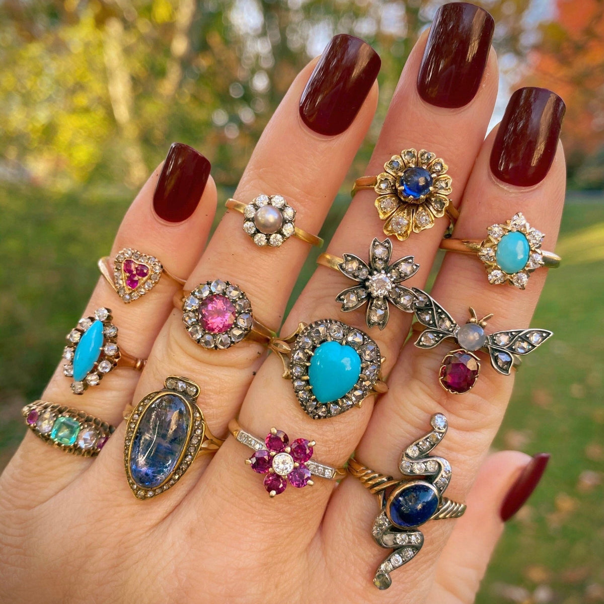 Antique Turquoise Glass &amp; Diamond Ring | Antique 14k Gold Navette Ring - Trademark Antiques