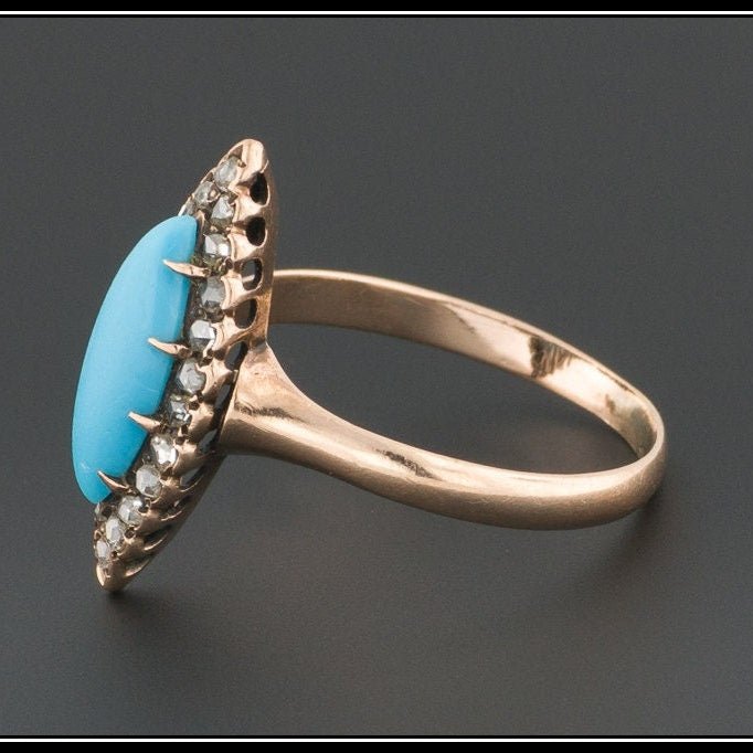 Antique Turquoise Glass &amp; Diamond Ring | Antique 14k Gold Navette Ring - Trademark Antiques