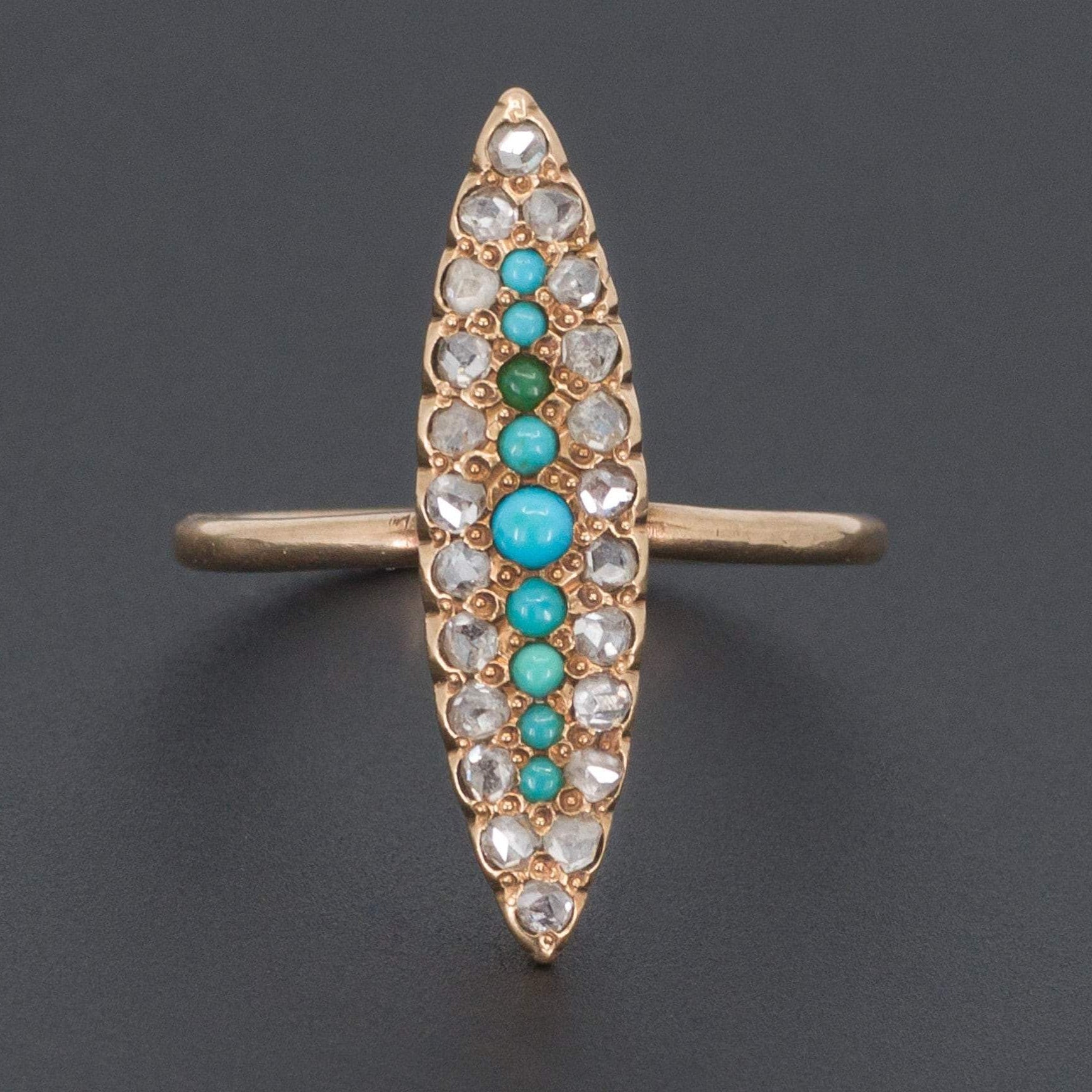 Antique Turquoise Glass & Diamond Ring | Antique 14k Gold Navette Ring - Trademark Antiques