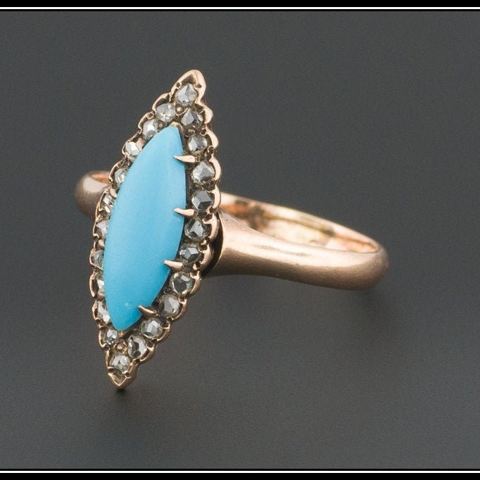 Antique Turquoise Glass &amp; Diamond Ring | Antique 14k Gold Navette Ring - Trademark Antiques