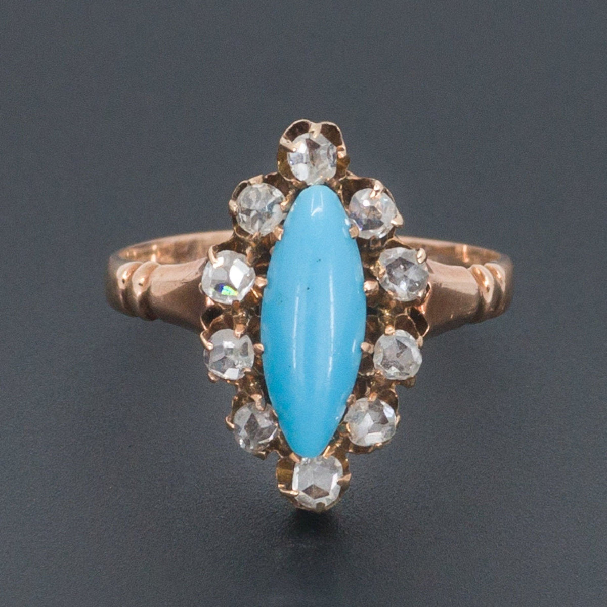 Antique Turquoise Glass &amp; Diamond Ring | Antique 14k Gold Navette Ring - Trademark Antiques