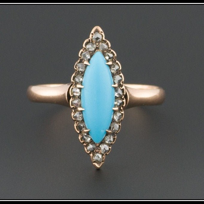 Antique Turquoise Glass &amp; Diamond Ring | Antique 14k Gold Navette Ring - Trademark Antiques