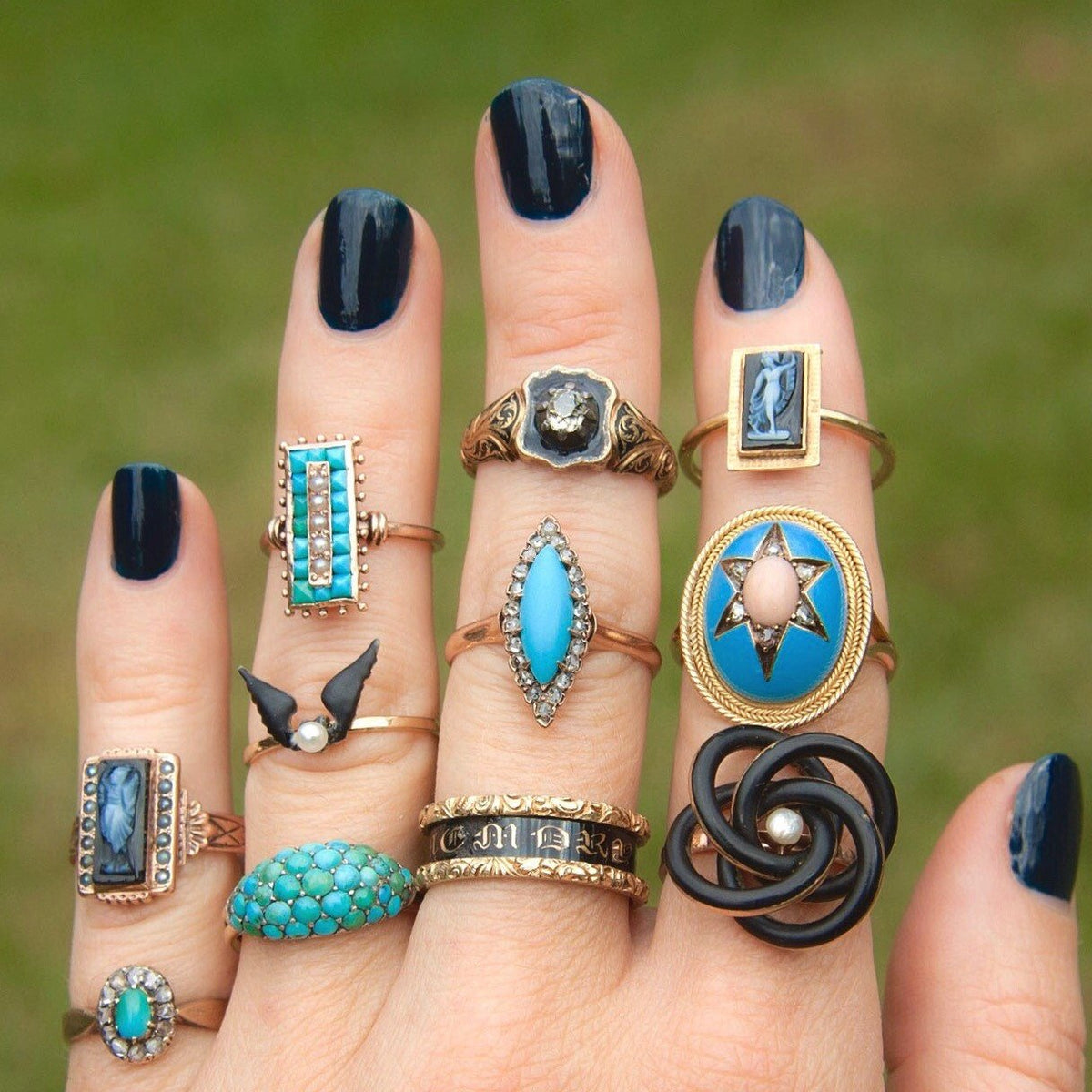 Antique Turquoise Glass &amp; Diamond Ring | Antique 14k Gold Navette Ring - Trademark Antiques