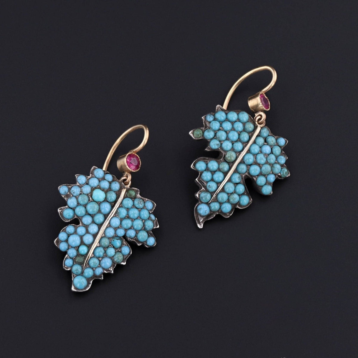 Antique Turquoise Leaf Earrings with Ruby Accents | Turquoise Earrings - Trademark Antiques