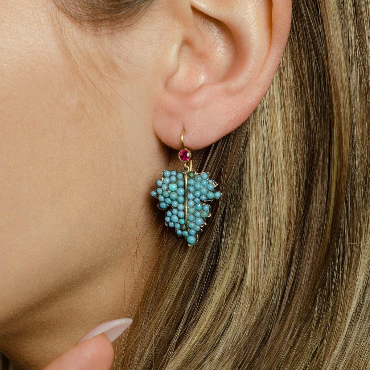 Antique Turquoise Leaf Earrings with Ruby Accents | Turquoise Earrings - Trademark Antiques