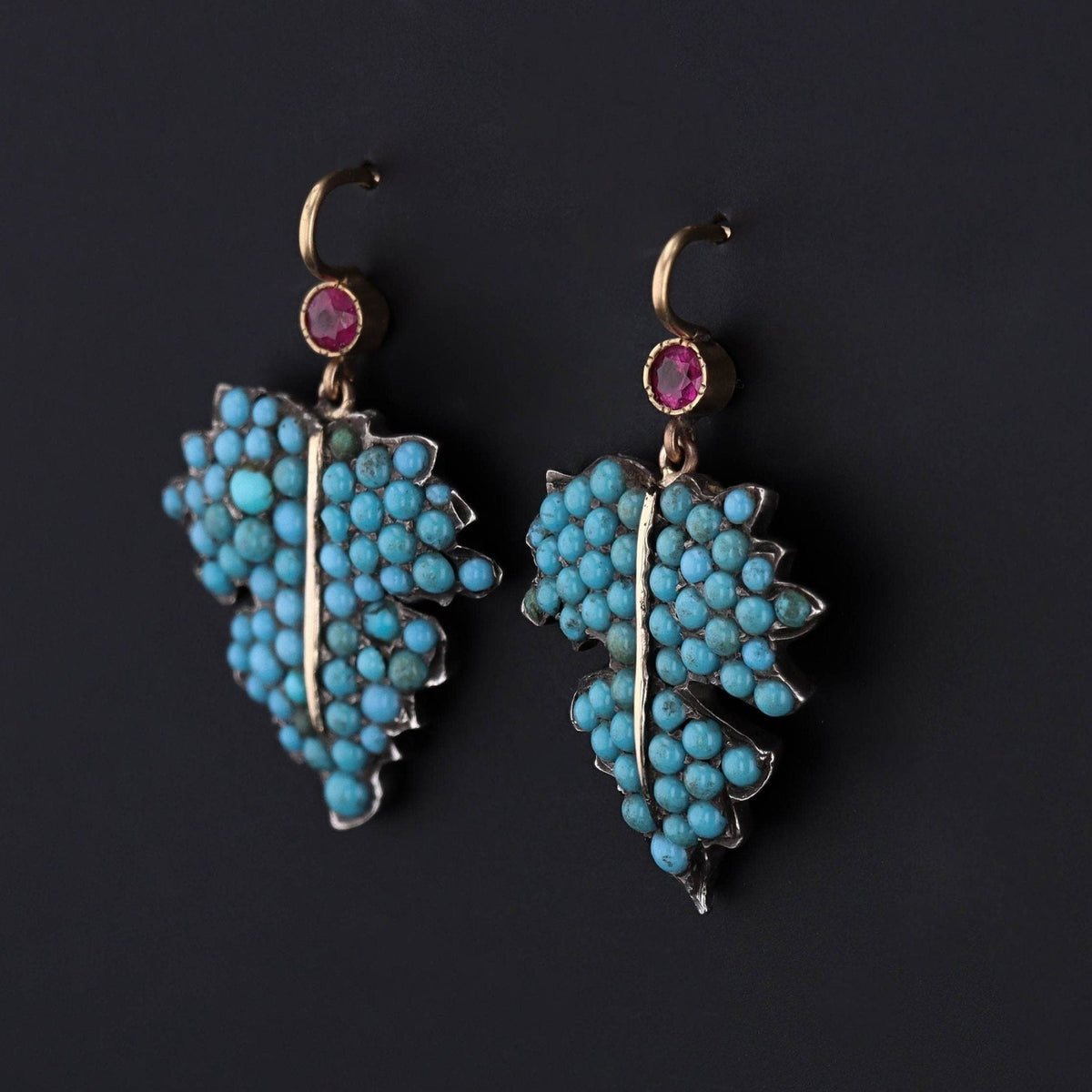 Antique Turquoise Leaf Earrings with Ruby Accents | Turquoise Earrings - Trademark Antiques