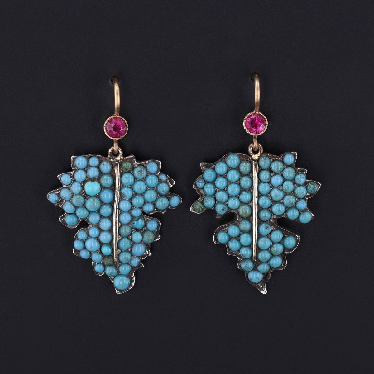Antique Turquoise Leaf Earrings with Ruby Accents | Turquoise Earrings - Trademark Antiques