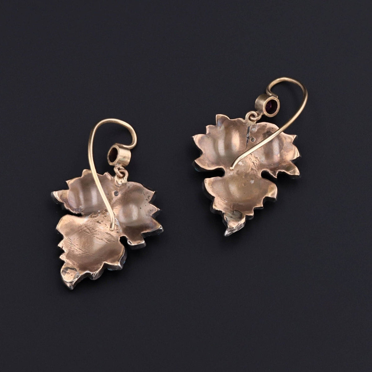 Antique Turquoise Leaf Earrings with Ruby Accents | Turquoise Earrings - Trademark Antiques