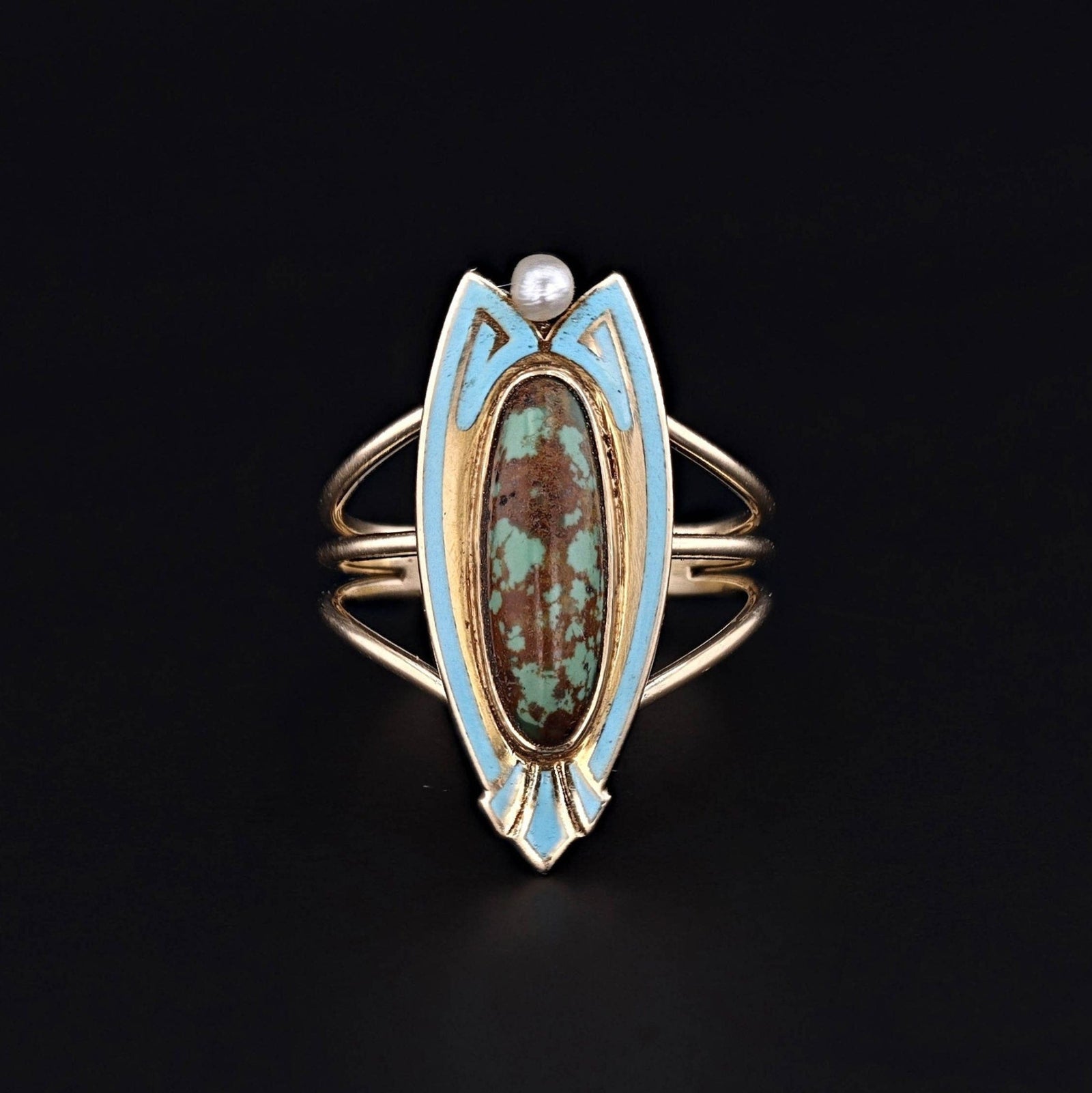 Antique Turquoise, Pearl and Enamel Conversion Ring of 14k Gold - Trademark Antiques