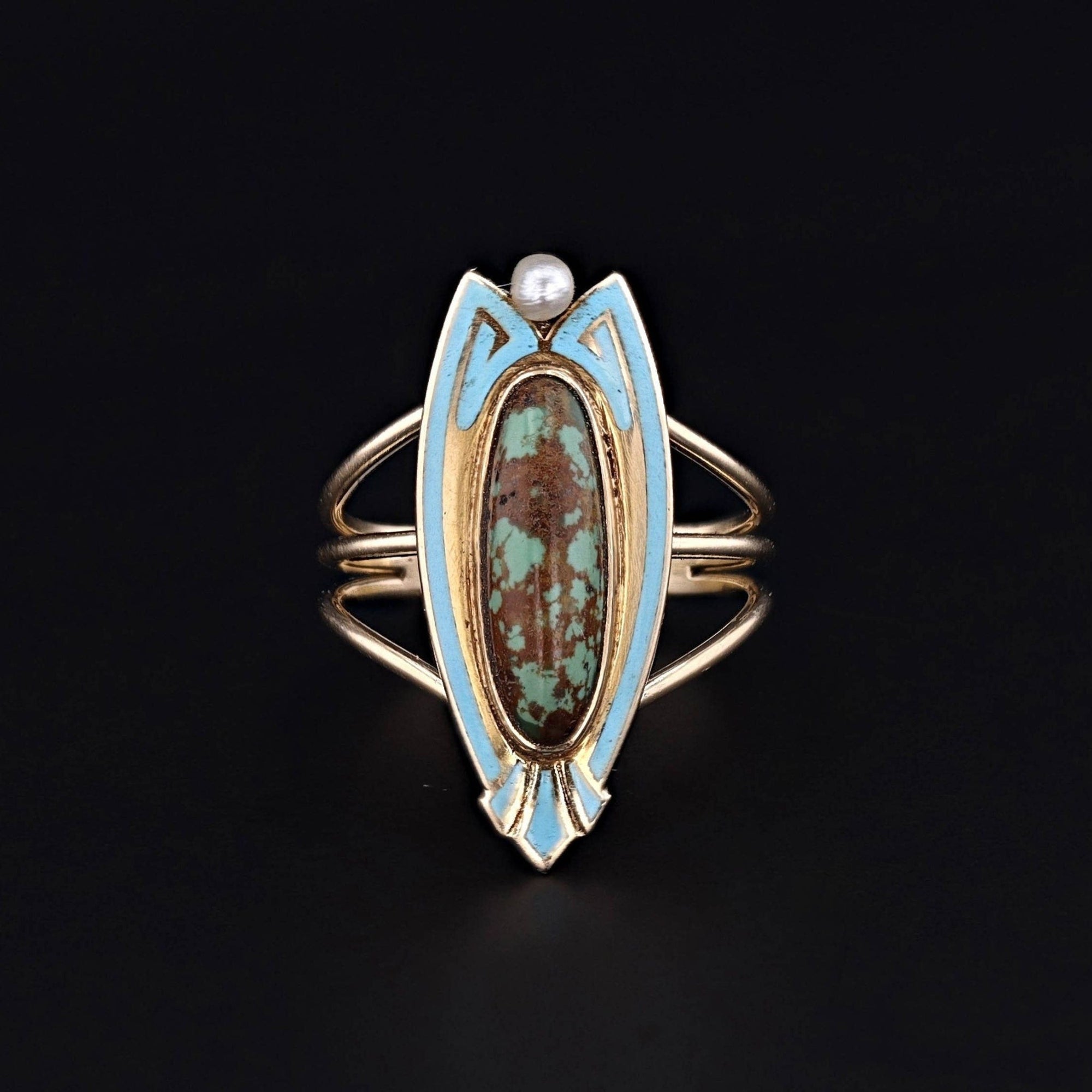 Antique Turquoise, Pearl and Enamel Conversion Ring of 14k Gold - Trademark Antiques