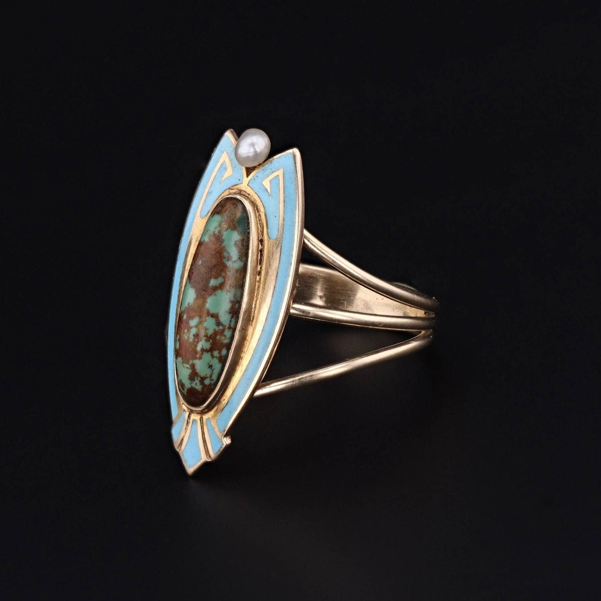 Antique Turquoise, Pearl and Enamel Conversion Ring of 14k Gold - Trademark Antiques