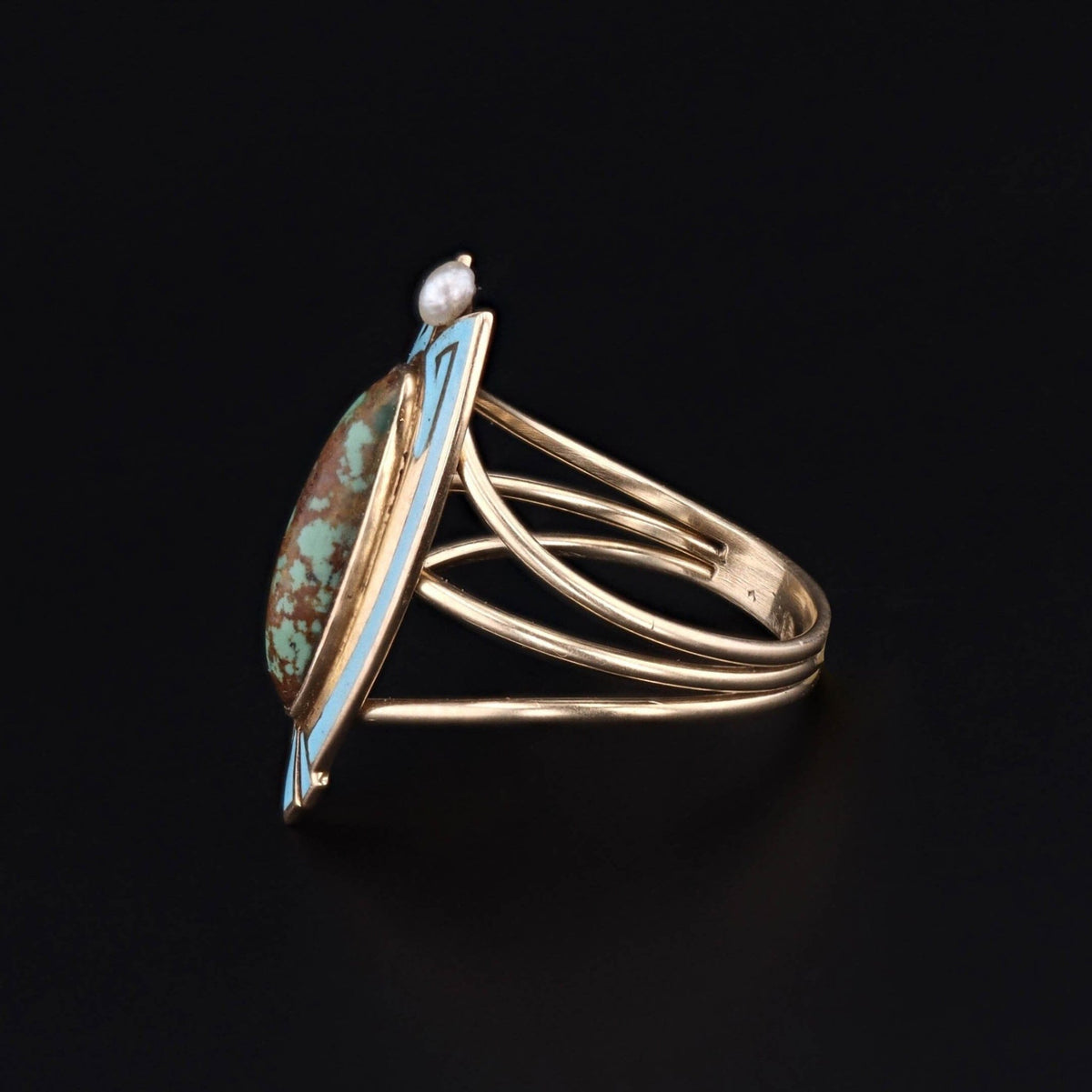 Antique Turquoise, Pearl and Enamel Conversion Ring of 14k Gold - Trademark Antiques