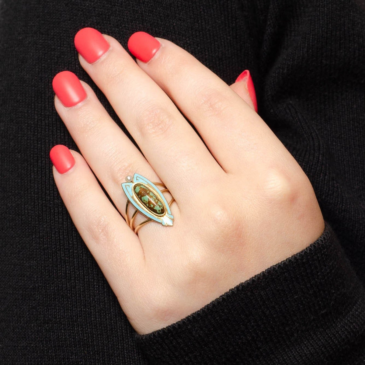 Antique Turquoise, Pearl and Enamel Conversion Ring of 14k Gold - Trademark Antiques