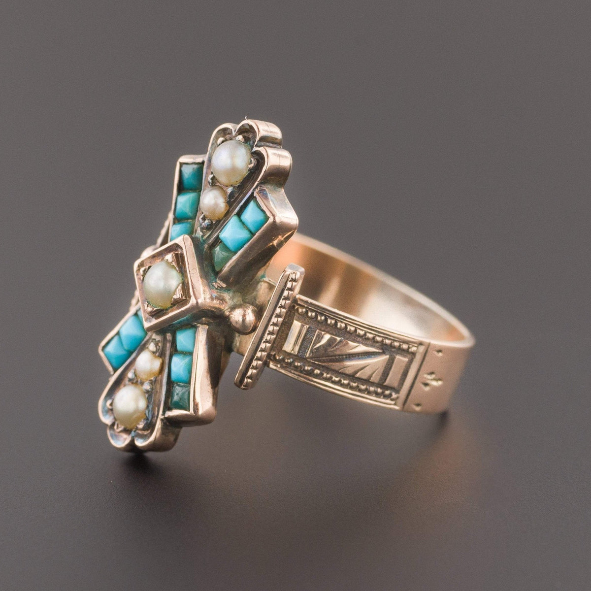 Antique Turquoise &amp; Pearl Ring | 14k Gold Ring - Trademark Antiques
